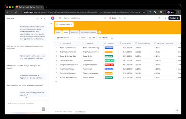 Softr запускает платформу, основанную на искусственном интеллекте, чтобы помочь нетехническим командам создавать бизнес-приложения без написания кода. 5 партнерский-портал-база данных