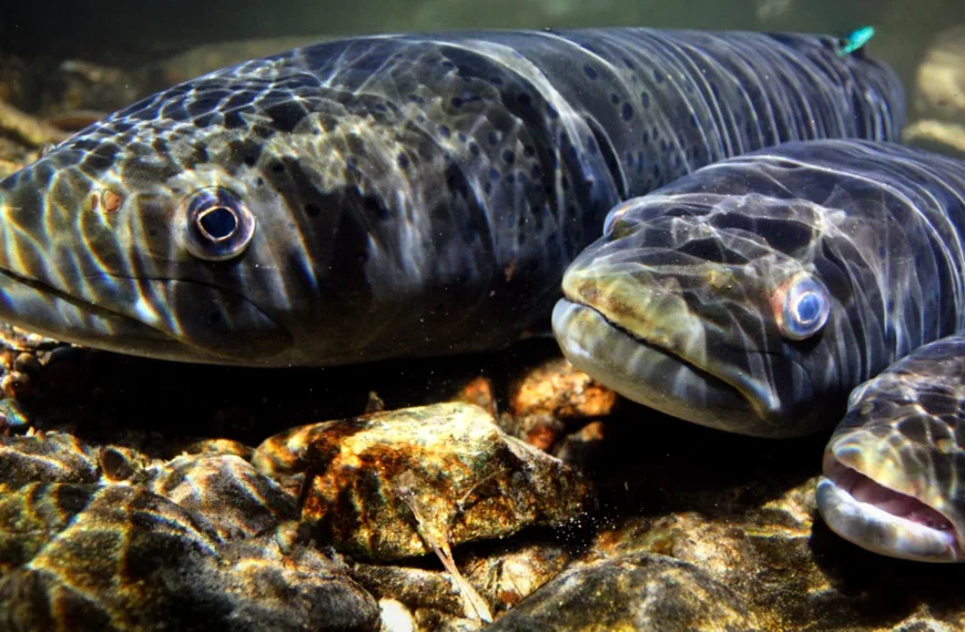 Три рыбы под водой с чёрными пятнами на фоне камней.