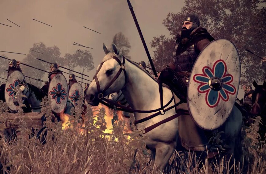 Средневековые воины на конях со щитами, стрела пролетает в воздухе, фон в огне.