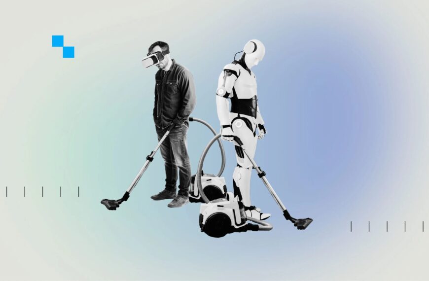 Человек и робот пылесосят с помощью VR, концепция будущего технологий.