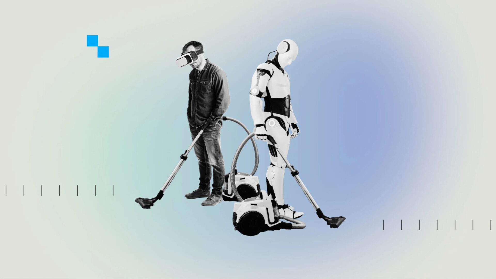 Мужчина в VR-гарнитуре и человекоподобный робот в зеркальном отражении безвольно держат пылесос.