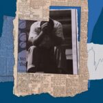 Коллаж с газетными вырезками, снимком человека и графиком на фоне синей бумаги.