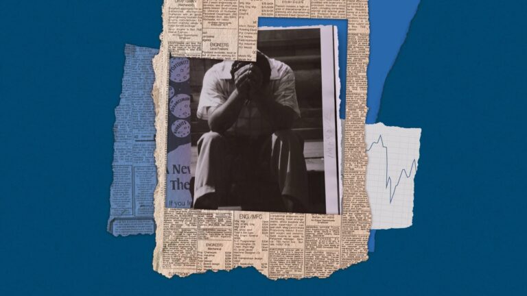 Коллаж с газетными вырезками, снимком человека и графиком на фоне синей бумаги.