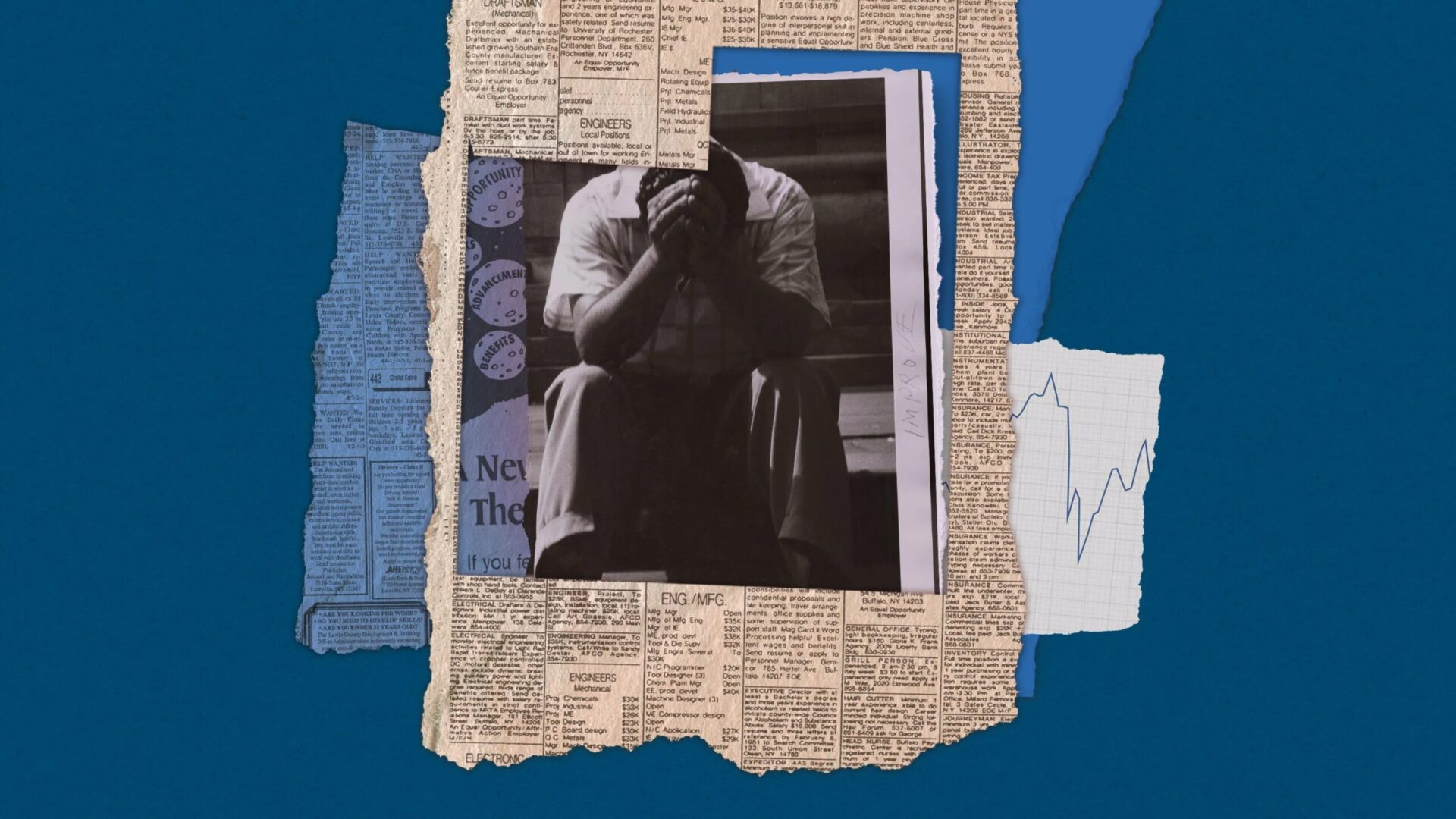 Тот единственный фрагмент данных, который действительно может пролить свет на вашу работу и искусственный интеллект. 1 Черно-белая фотография человека, обхватившего голову руками, видна за кадром, вырезанная из стопки объявлений о вакансиях.