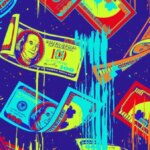 Абстрактное изображение долларов в ярких цветах на синем фоне.