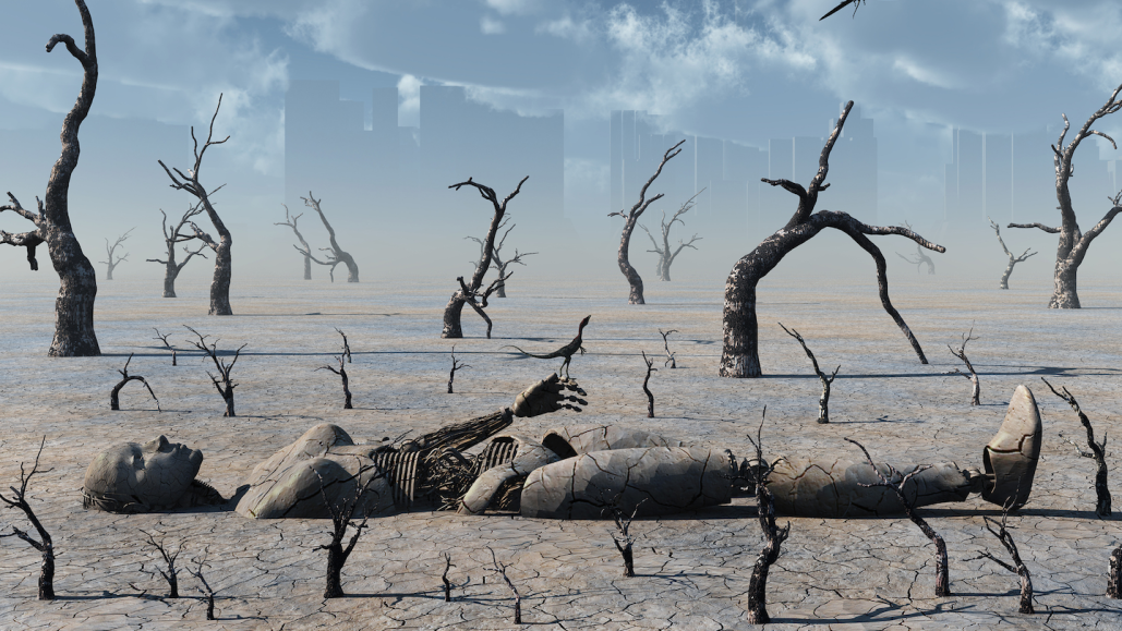 металлический робот наполовину зарыт в землю в пустынном ландшафте