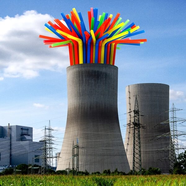 Охладительная башня с яркими трубочками на фоне голубого неба и электролиний.