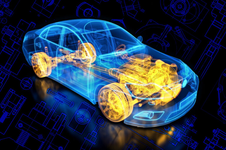 3D-изображение прозрачного автомобиля с видимыми внутренними механизмами на фоне чертежей.
