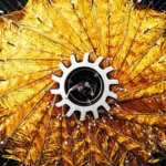 Человек внутри солнечного паруса спутника с золотыми лепестками.