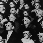 Зрители в 3D-очках в кинотеатре, черно-белая фотография, ретро стиль.