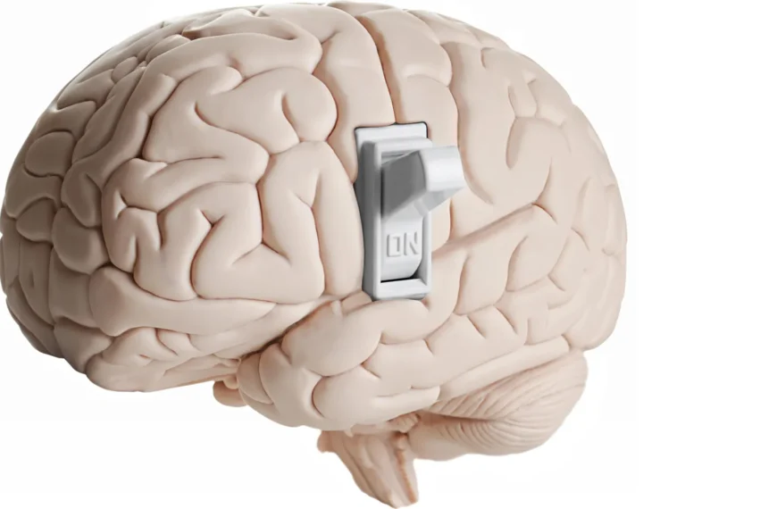 Мозг с рычагом переключения в положении "ON", символизирующий активацию идей.