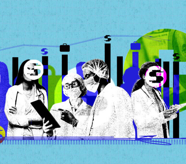 Графическое изображение людей в медицинской форме на фоне финансовых графиков.