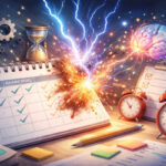 Календарь, взрыв идей, мозг, часы, концепция тайм-менеджмента и креативности.