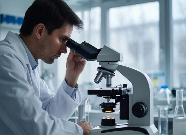 Учёный в лаборатории изучает пробу под микроскопом.