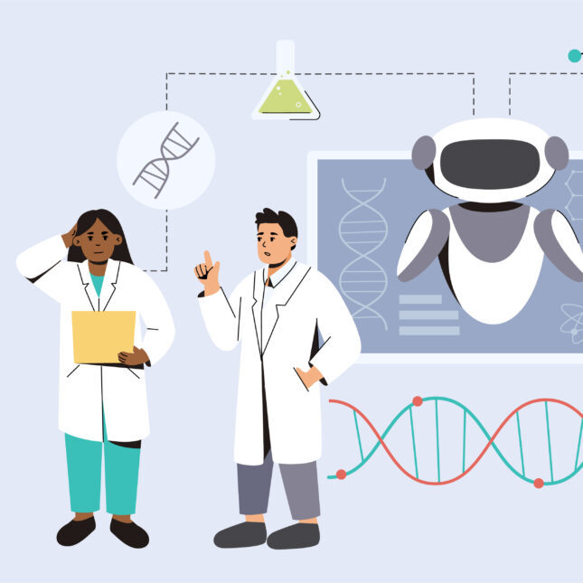 STAT+: OpenEvidence заключает соглашение с крупной системой здравоохранения. 1 Робот, вылезающий из доски между двумя группами врачей — репортаж о медицинских технологиях от STAT.