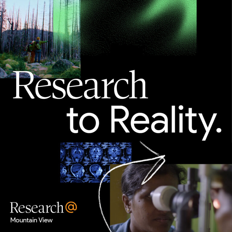 Текст "Research to Reality", горы, северное сияние, МРТ-снимок, исследовательский центр.