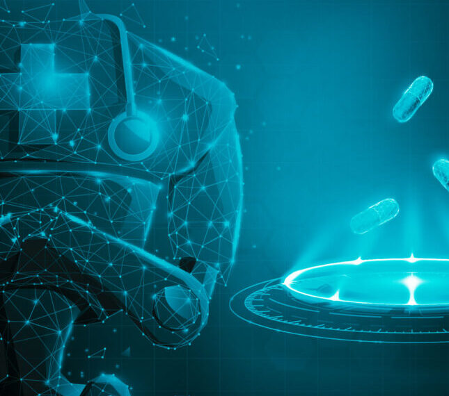 Цифровой врач и летящие капсулы, технологии в медицине, синий фон.