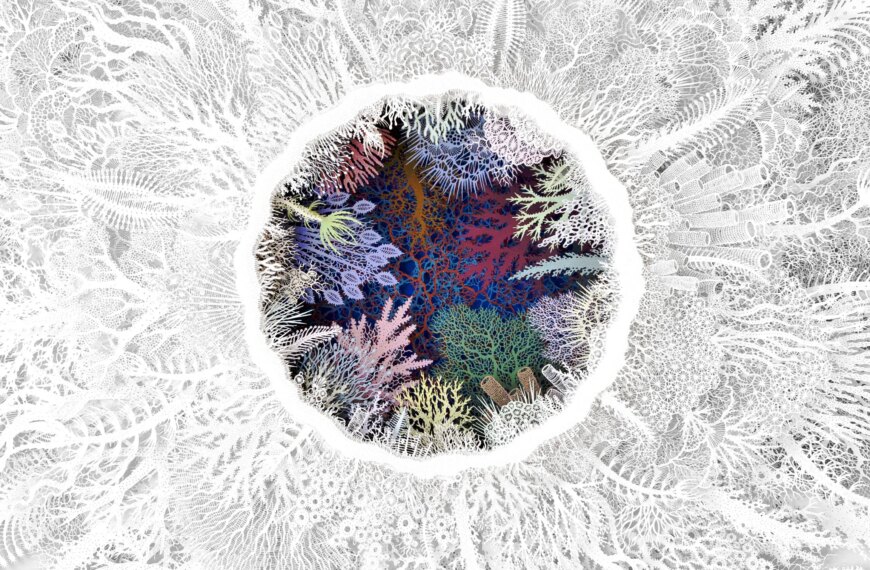 Белый коралл с цветными деталями в центре, сложные узоры на фоне.