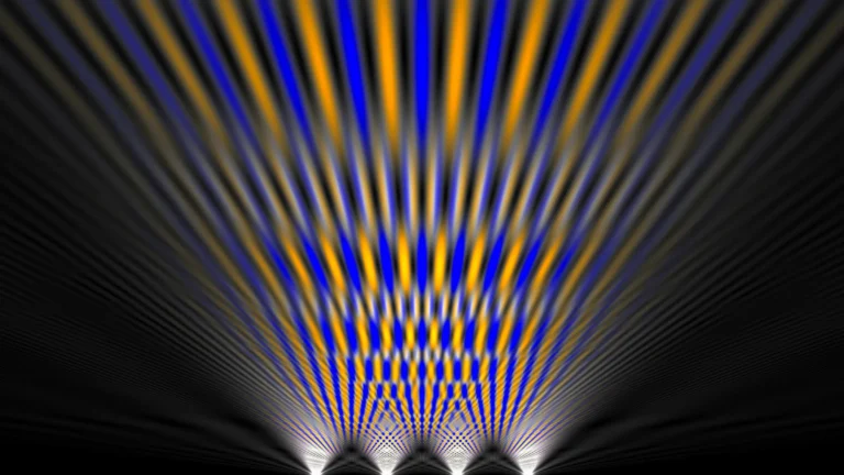 Абстрактное изображение с синими и оранжевыми полосами на черном фоне, эффект света.