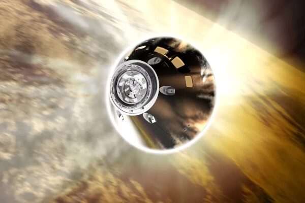 Космический аппарат в атмосфере Марса, вход в плотные слои, высокоскоростное движение.