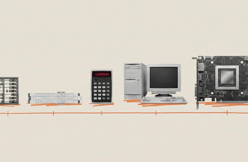 Эволюция вычислительных устройств: счёты, линейка, калькулятор, ПК, микрочип.