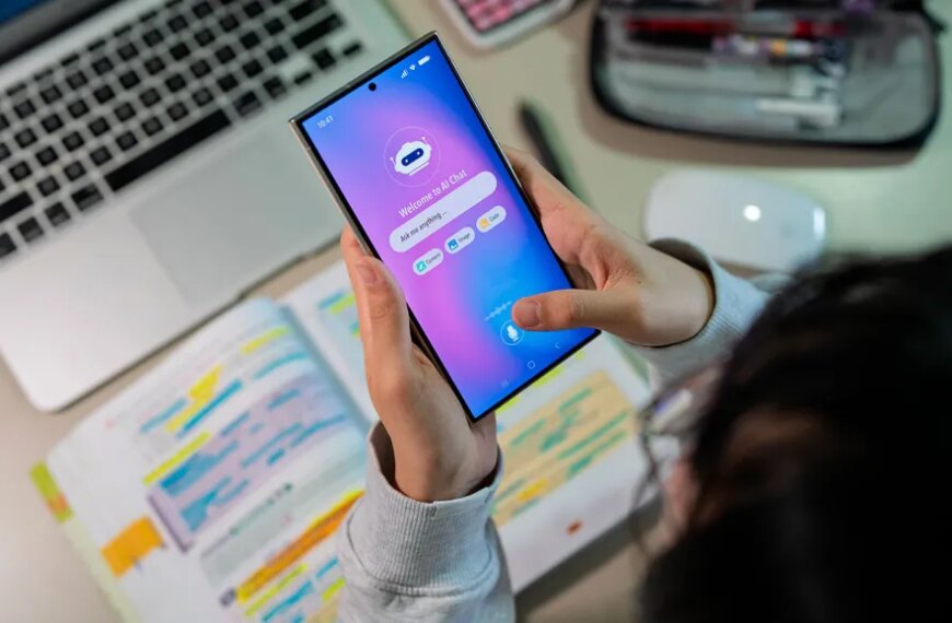 Человек держит смартфон с открытым AI-чатом, ноутбук и блокнот на столе.