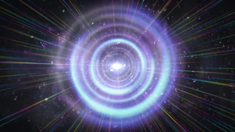 Абстрактное изображение светового туннеля: радужные лучи и кольца на темном фоне.