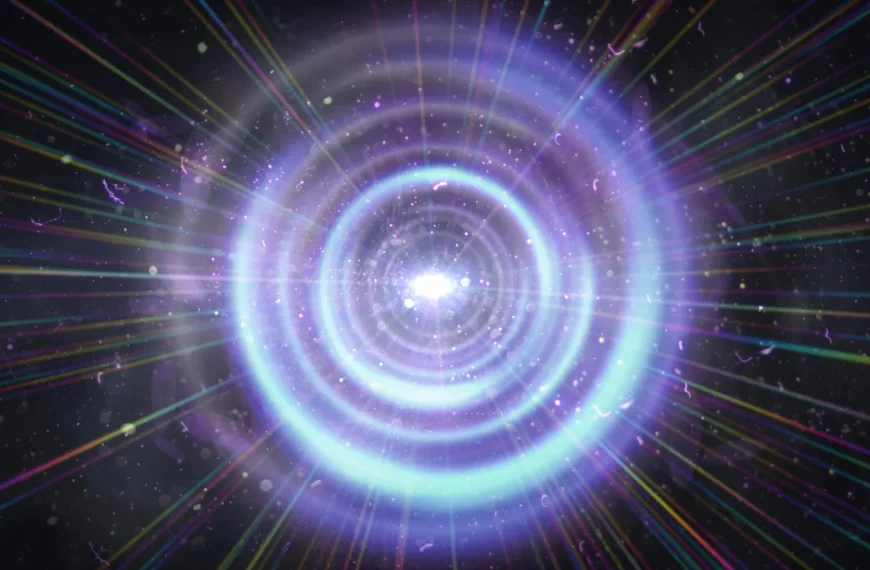 Абстрактное изображение светового туннеля: радужные лучи и кольца на темном фоне.