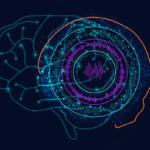 Изображение мозга с цифровыми элементами, нейронные сети и звуковые волны.