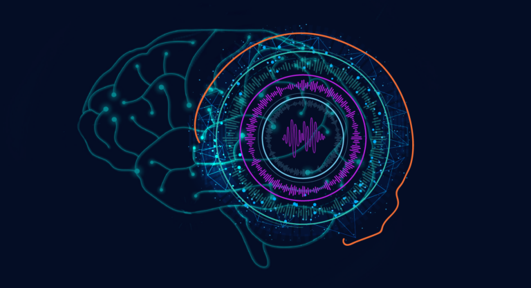 Изображение мозга с цифровыми элементами, нейронные сети и звуковые волны.