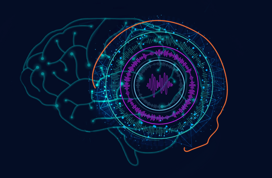 Изображение мозга с цифровыми элементами, нейронные сети и звуковые волны.