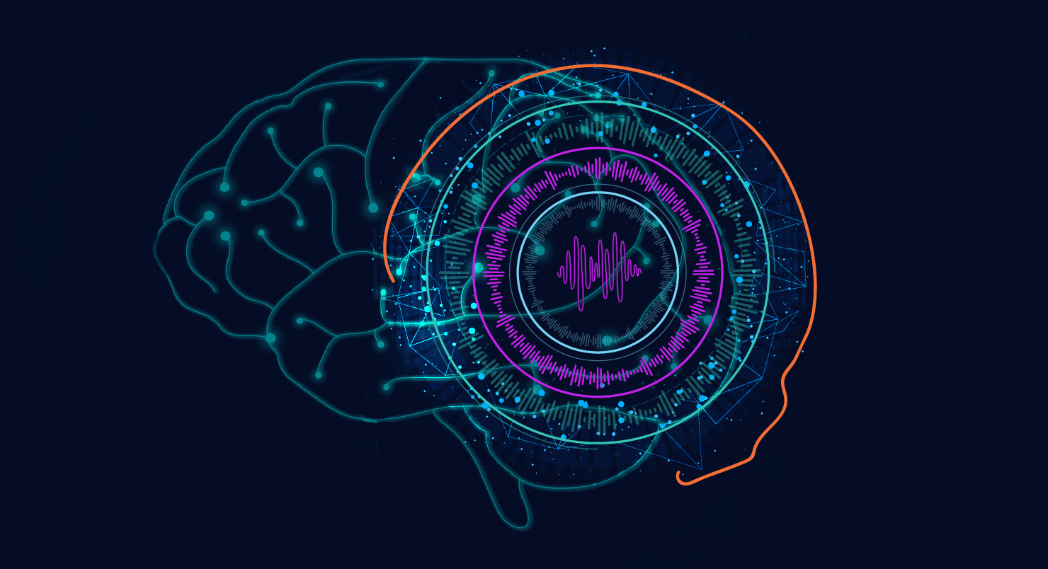 Изображение мозга с цифровыми элементами, нейронные сети и звуковые волны.