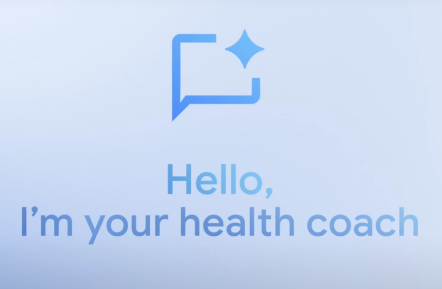 На изображении текст: "Hello, I'm your health coach" с иконкой разговора на голубом фоне.