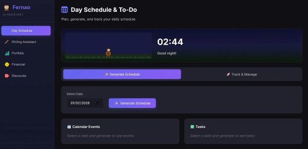 Интерфейс приложения для планирования задач и расписания, тёмная тема, время 02:44.
