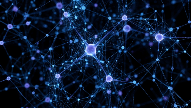 Абстрактная визуализация нейронной сети с синими и фиолетовыми узлами на темном фоне.