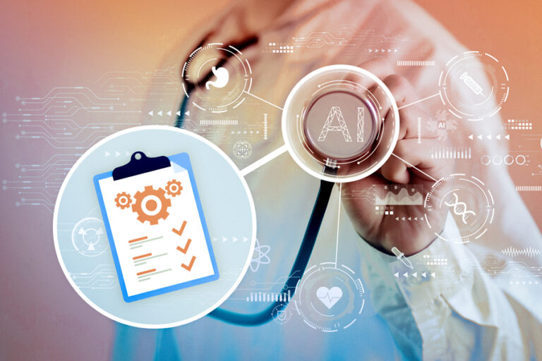 Врач использует искусственный интеллект, держит стетоскоп; инфографика и чек-лист на планшете.