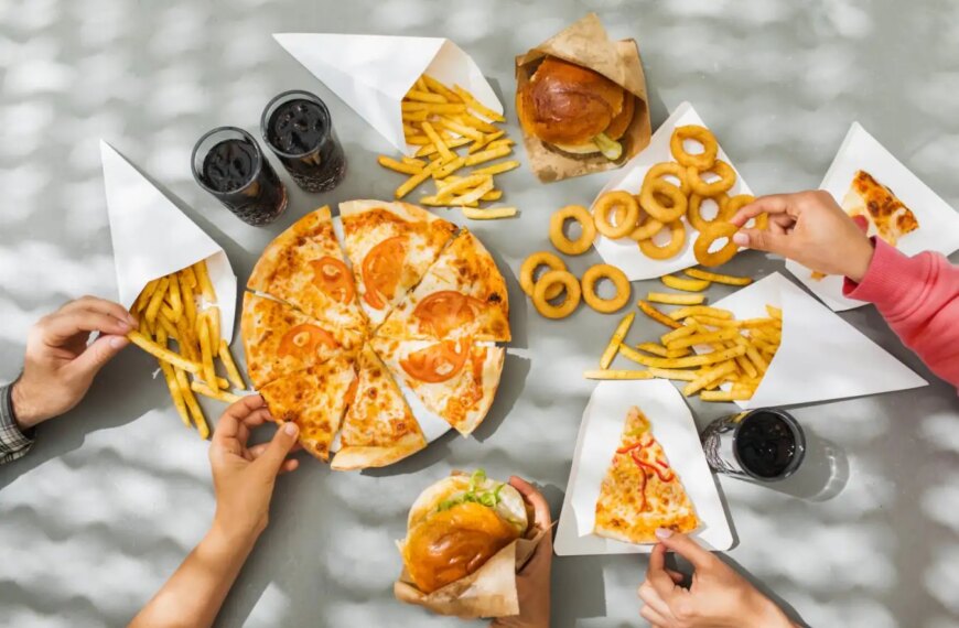 Пицца, картофель фри, луковые кольца, бургер и напитки на столе, вид сверху.