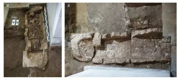 саркофаг V и погребение: А – вид с востока; Б – саркофаг V после снятия погребения и поздней плиты, вид сверху. саркофаг V и погребение: А – вид с востока; Б – саркофаг V после снятия погребения и поздней плиты, вид сверху.