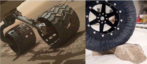 Сравнение колёс марсохода и прототипа из новой пружинной конструкции на камне.