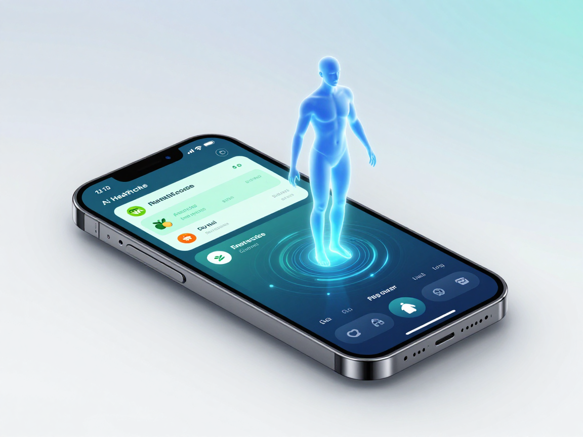 Голограмма человека на экране смартфона, приложение для здоровья и фитнеса.