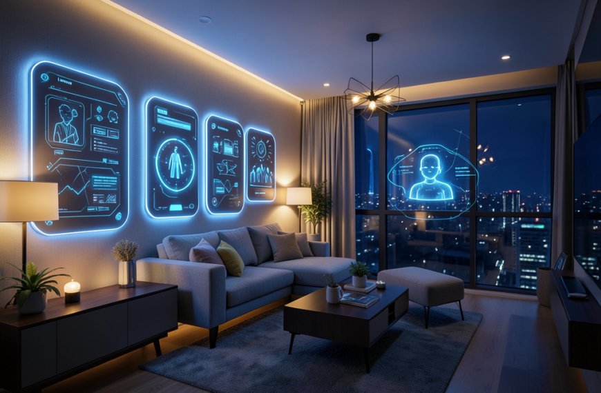Современная гостиная с неоновыми голограммами на стенах и видом на ночной город.