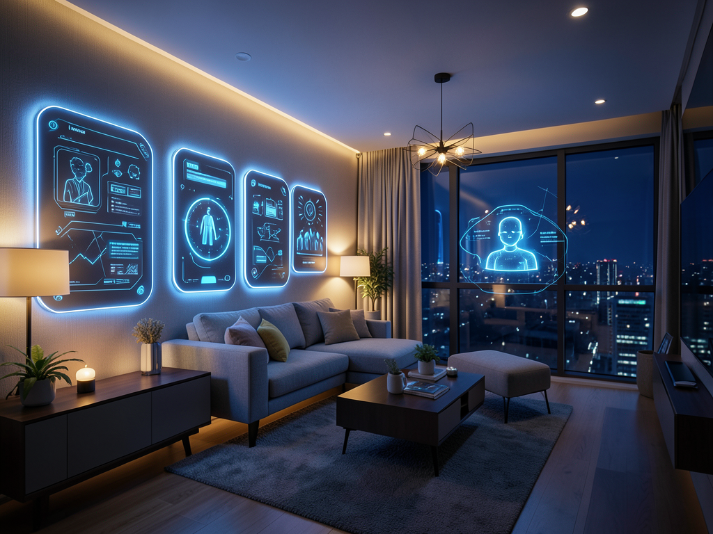 Современная гостиная с неоновыми голограммами на стенах и видом на ночной город.