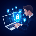 Мужчина за ноутбуком, концепция кибербезопасности, защищённые данные, цифровые щиты.