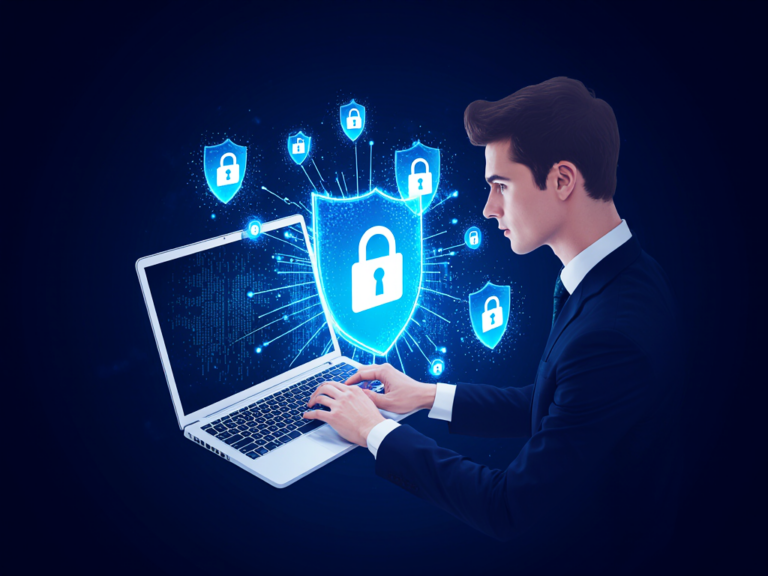 Мужчина за ноутбуком, концепция кибербезопасности, защищённые данные, цифровые щиты.
