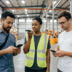 Трое людей используют смартфоны на складе, один в жилете, все с беспроводными наушниками.