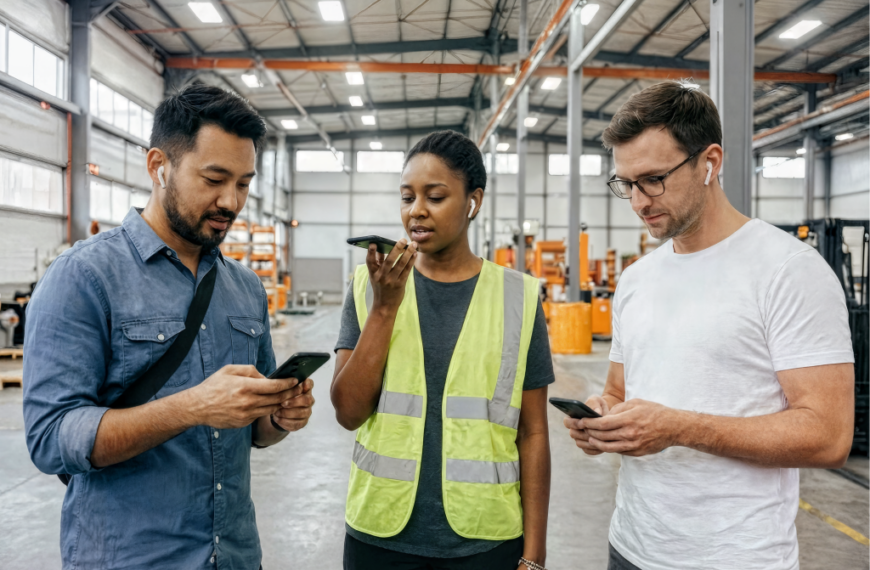Трое людей используют смартфоны на складе, один в жилете, все с беспроводными наушниками.