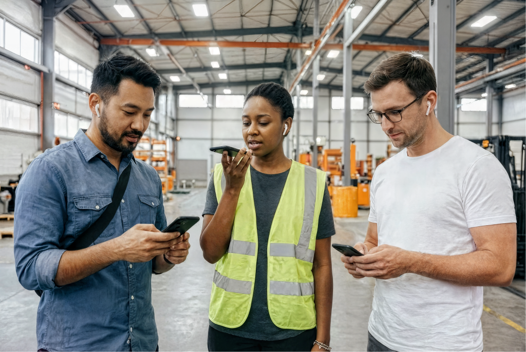 Трое людей используют смартфоны на складе, один в жилете, все с беспроводными наушниками.