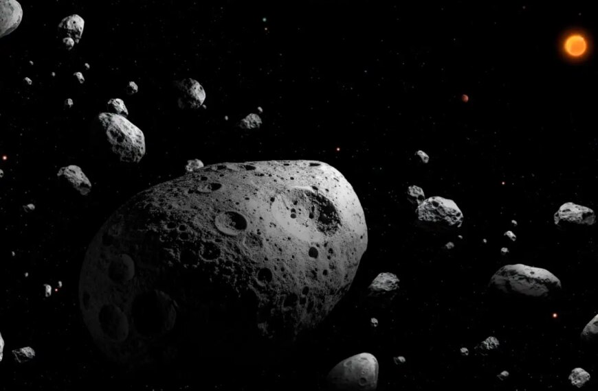 Пояс астероидов в космосе с крупными каменными объектами на фоне звёзд.