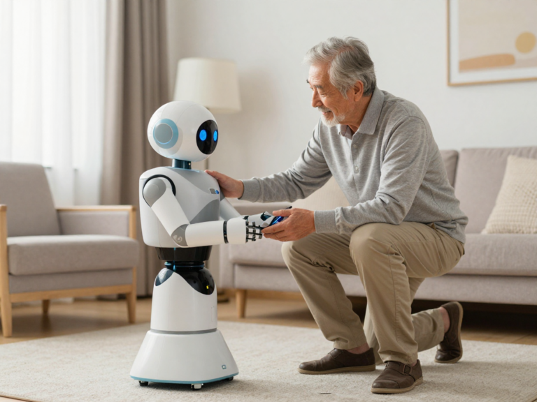 Пожилой мужчина улыбается и взаимодействует с домашним роботом-помощником в гостиной.