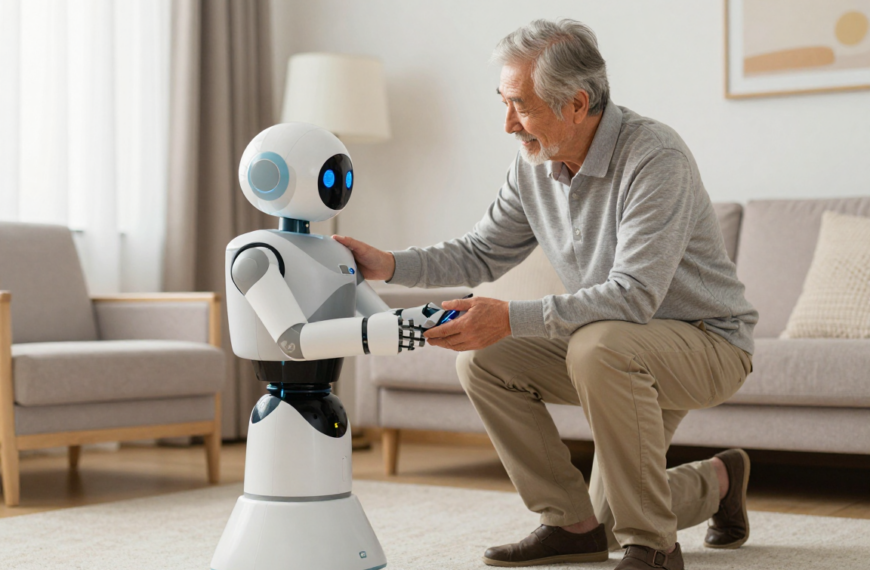 Пожилой мужчина улыбается и взаимодействует с домашним роботом-помощником в гостиной.